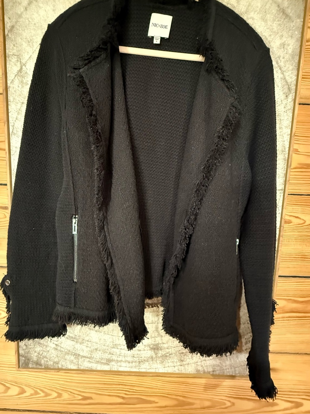 NIC+ZOE Black Knit Frayed-Trim Blazer Jacket, Excellent condition Large, Edgy
